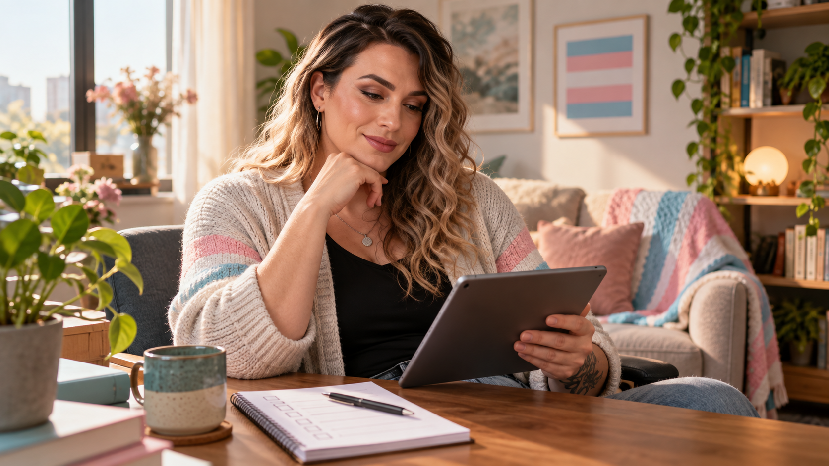 Adult reviewing consent, privacy and representation questions beside a tablet